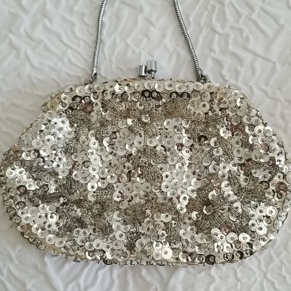 Vintage Silver Beaded Sequins little bag Hand Made